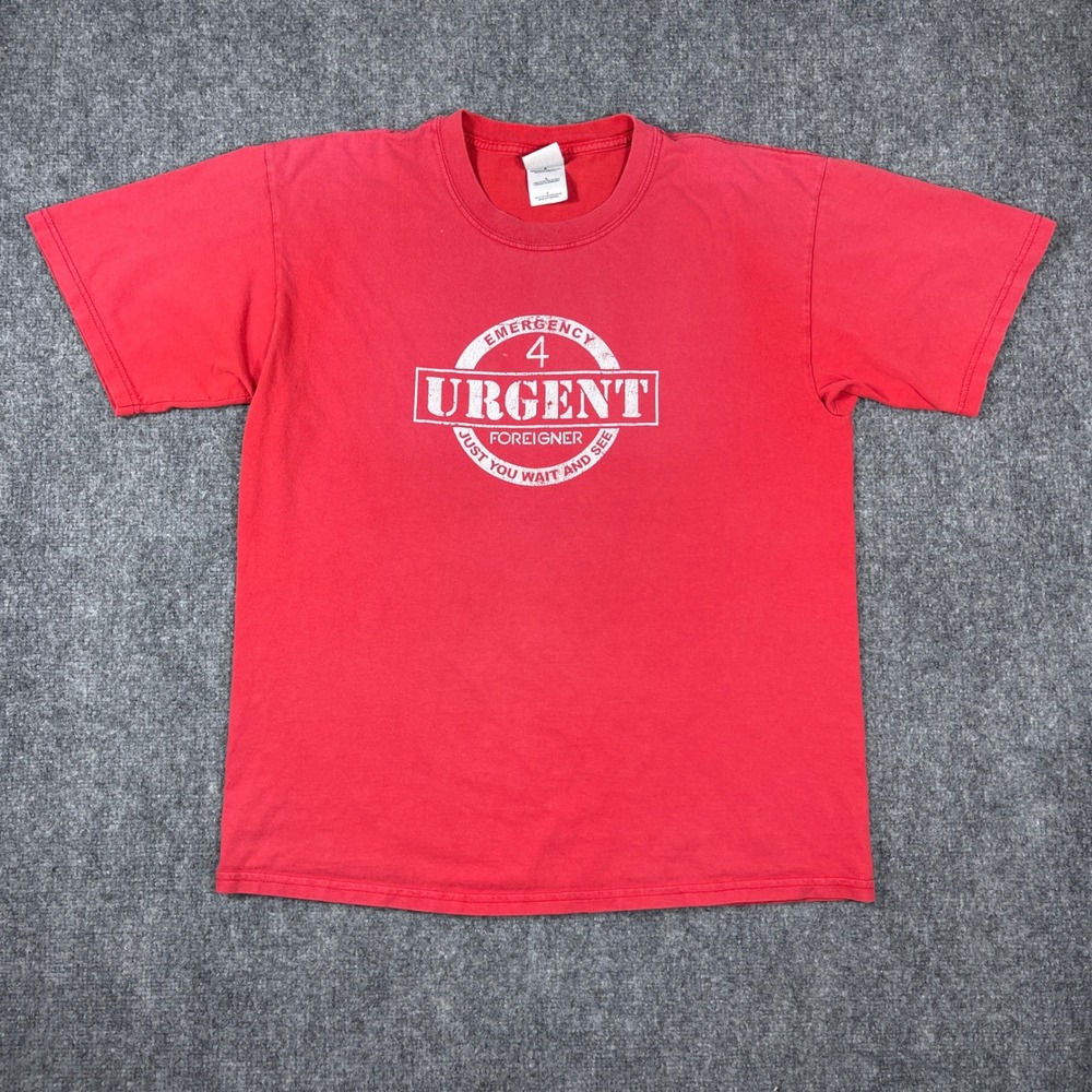 Vtg Foreigner Urgent Band T-Shirt Mens Large Red Graphic Tee Rock Music